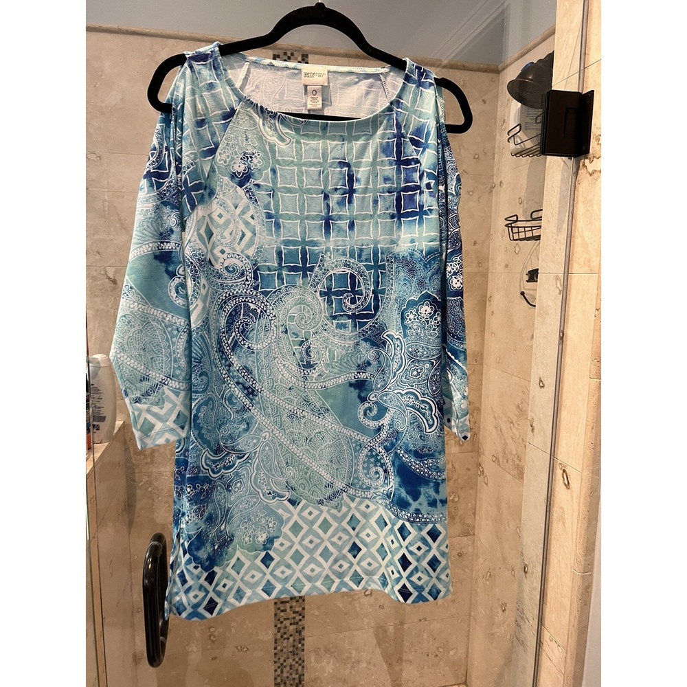Zenergy Chicos White Blue Green Paisley Print Cold Shoulder Tunic Mini Dress 0